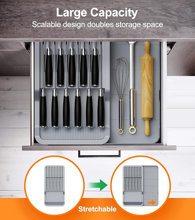 Kitchen Knife Drawer Organizer Grey, In Drawer Knife Block Holder with Expandable Cutlery Tray Compact Organization Drawer Storage Holds Up To 11 Knives (Including Hooks&Sponges)