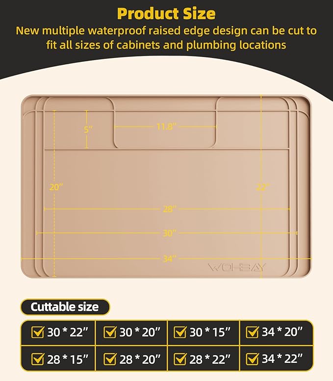 Wohbay Under Sink Mats for Kitchen Waterproof, Cut to Fit Under Sink Drip Tray for Kitchen Bathroom Cabinets, Silicone Under-Cabinet Hold Up to 3.3 Gallons Liquid, 34" X 22" Or Smaller -Khaki