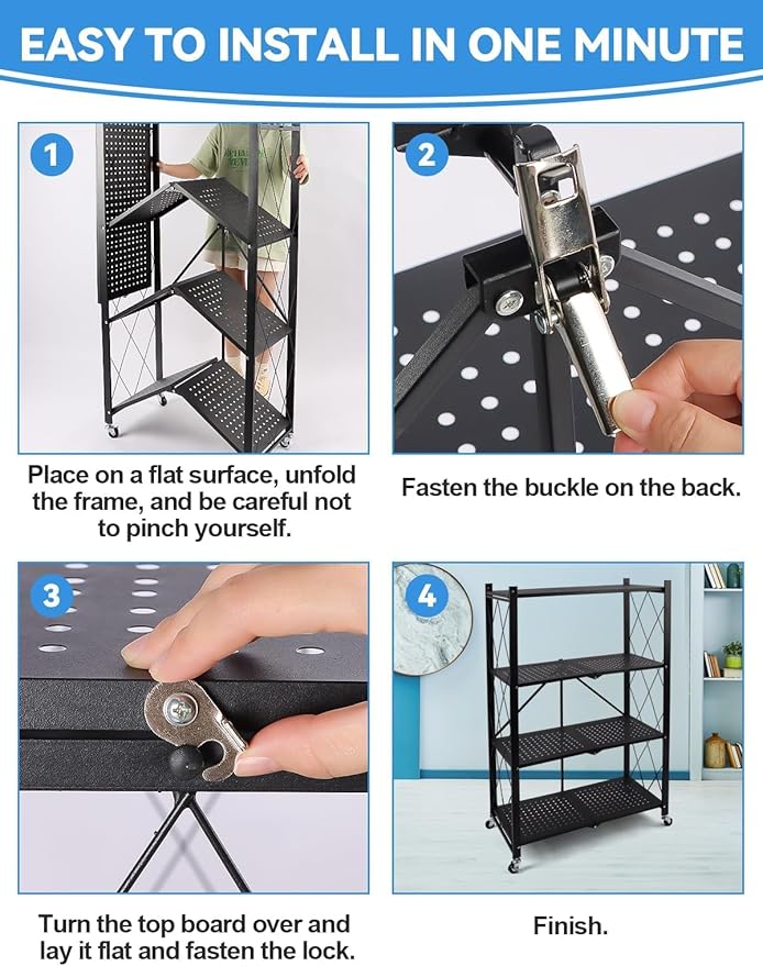 Lanstics 4 Tier Foldable Folding Shelves Heavy Duty Storage Shelving with Wheels Metal Shelf Standing Shelves Units for Home Kitchen Living Room Black