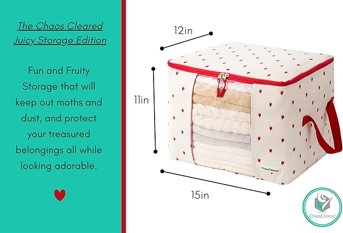 Chaos Cleared Canvas Storage Bags Designer Organizer 2 Pack – Seasonal Storage for Sweaters, Blankets, Linens & Garments – Foldable Design with Zip & Window, Moth-Proof Space Saver, Strawberry Print