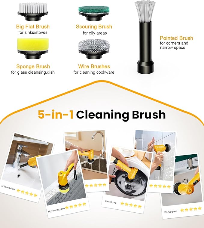 qimedo 5000mAh Battery Electric Spin Scrubber Q4, Handheld Scrubber for Cleaning with Display, Power Dish Scrubber with 5 Heads, Shower Cordless Cleaning Brush Gifts for Mom