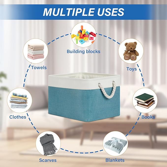 Temary Fabric Storage Baskets 4Pack Storage Bins Decorative Basket for Gift, Clothes Bin with Rope Handle, Rectangle Baskets for Storage, Blankets(White&Teal,15x11x9.5 inch)