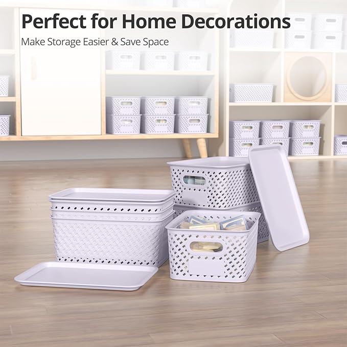 Plastic Storage Bins with Lid, Stackable Small Box Basket for Organizing and Containers for Shelves Drawers Desktop Closet Playroom Pantry Classroom Office Home, 6-pack 10.2"x7.2"x4.1" Lavender