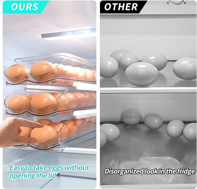 Egg Holder for Fridge, Automatically Rolling Egg Container for Refrigerator, Clear Plastic Fridge Organizers and Storage with Lid, Stackable Egg Dispenser & Tray (3 Tier)
