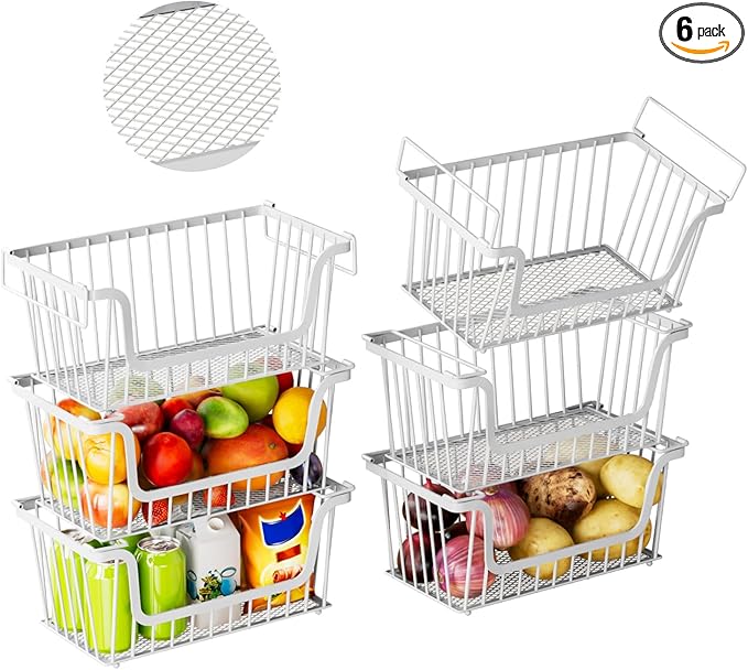 6 Pack Enhanced Leak-Proof Bottom Stackable Wire Baskets, Pantry Organizers and Storage, pantry storage，Shelf Baskets, Fruit Basket, Potato and Onion Storage Bins，(White)