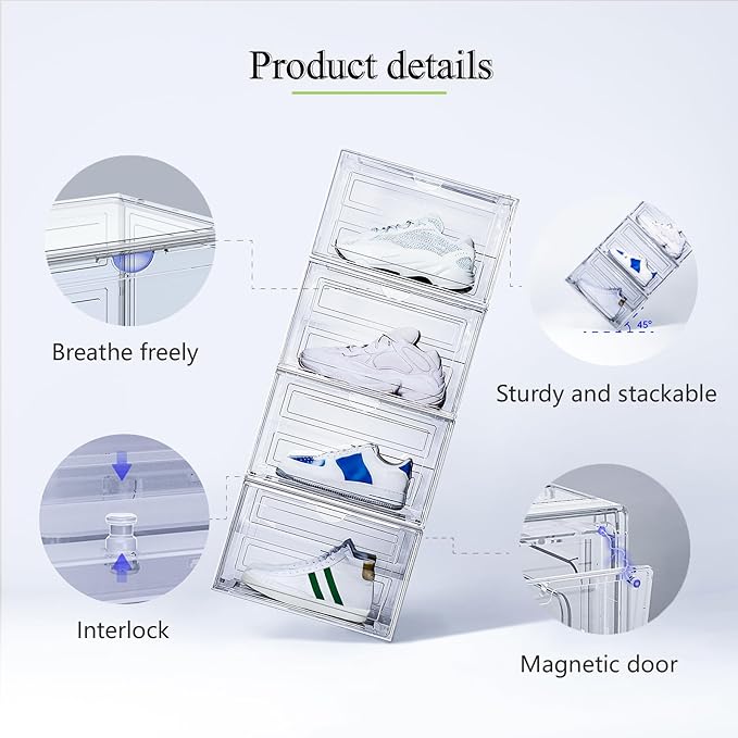 OMOPIN 8 Pack XL Shoe Storage Box Organizer,Drop Side Large Shoe Boxes Clear Plastic Stackable Container,Magnetic Sneaker Display Case, Fit up to US 13（13.4”x 10.6”x 8.3”(8 Pack Black)