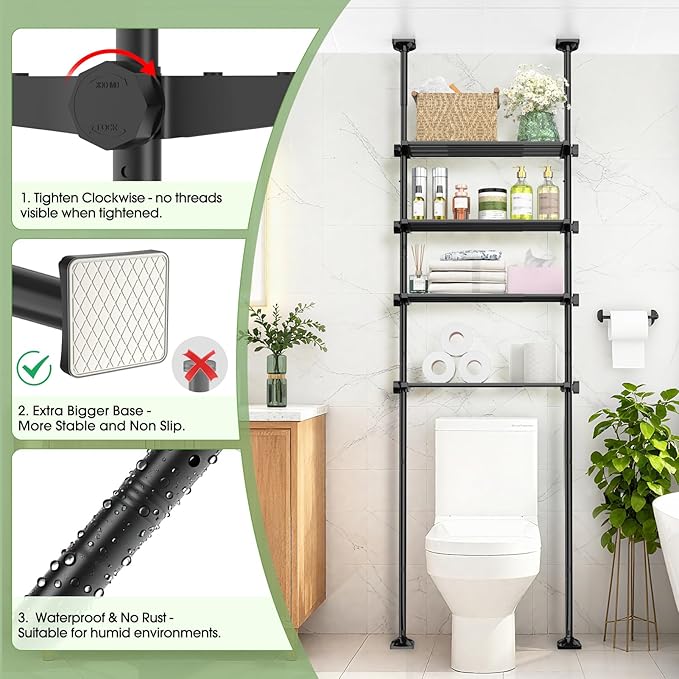 Over The Toilet Storage Shelf, 4-Tier Adjustable Over Toilet Bathroom Organizer,Tension-Mounted Bathroom Storage Rack for Ceilings, No Drill Space-Saving Shelving for Small Rooms,Black