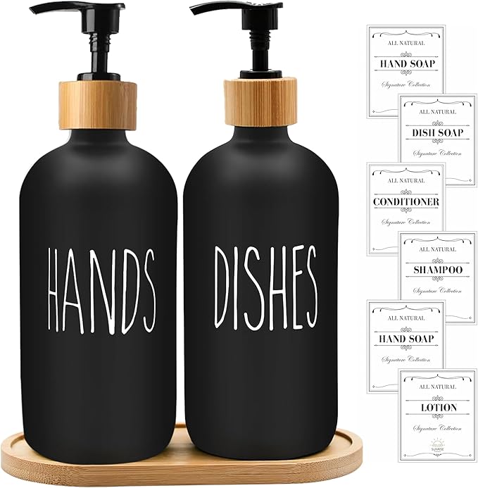 16 OZ Thick Black Glass Soap Dispenser, Bamboo Pump with Tray 2 Pack, Hand and Dish Soap Dispenser Set for Bathroom with 6 Waterproof Labels