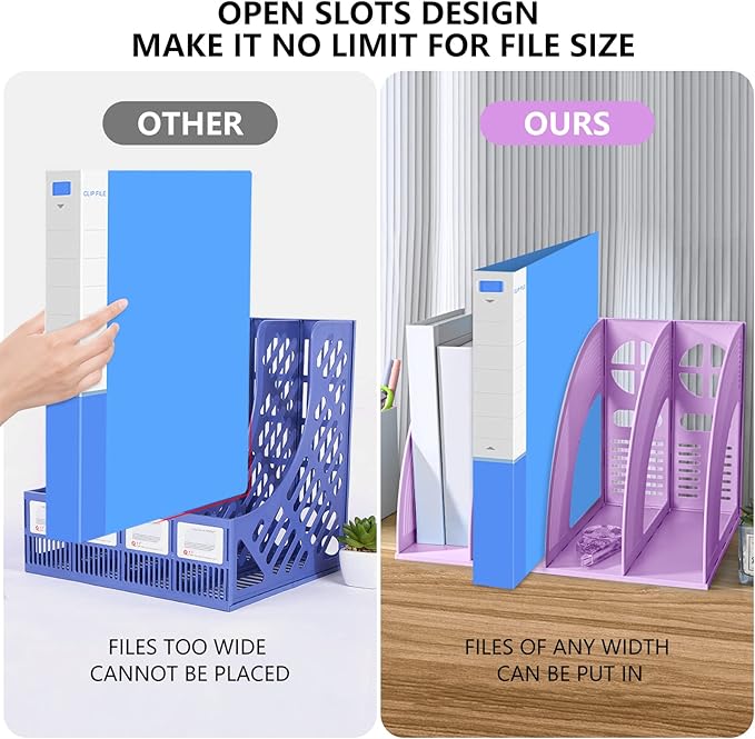 SAYEEC Sturdy Magazine Holder 4 Compartments Plastic Desktop File Organizer File Dividers Office Organizer Storage Document Magaizne Rack Display Box (Purple)