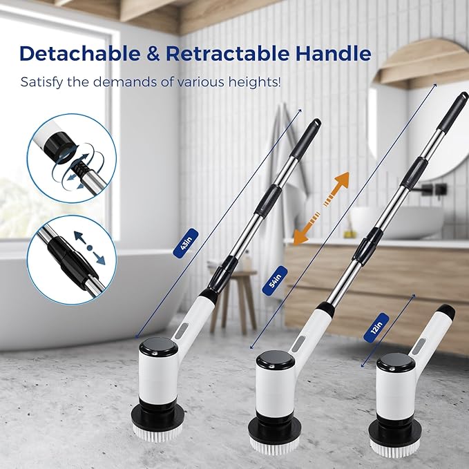 Electric Spin Scrubber for Cleaning-2 Adjustable Speeds,8 Cleaning Brushes,Cordless Cleaning Tools, Shower Scrubber with Long Handle,Power Scrubbers for Cleaning Bathroom, Tile Tub