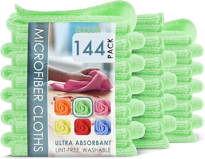 Hearth & Harbor Microfiber Cleaning Cloth, Microfiber Towels for Cars 144 Pack Washcloths, Green Cleaning Rags, Reusable Microfiber Towel, Microfiber Cloth Rags for Cleaning, Lint Free Cloth