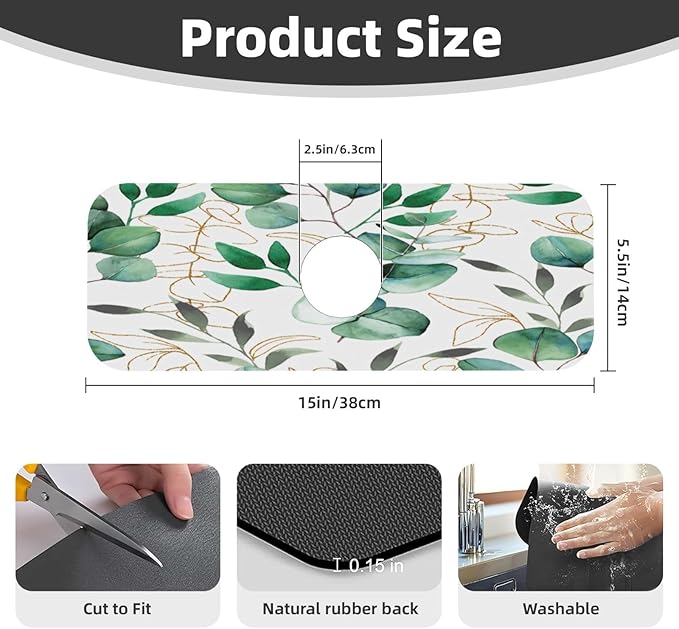 Faucet Draining Mat For Kitchen Sink, Green Leaves Diatom Mud Absorbent Drain Pad For Bathroom Kitchen Sink Splash Guard Drying Mat