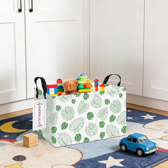 QUEENLALA Rectangular Laundry Hamper/Foldable Nursery Laundry Basket for Organizing/Storage Bin Baskets/Children Toy Office Bedroom/Toy Bin Closet Shelf Baskets (Rec-Green Leaf)