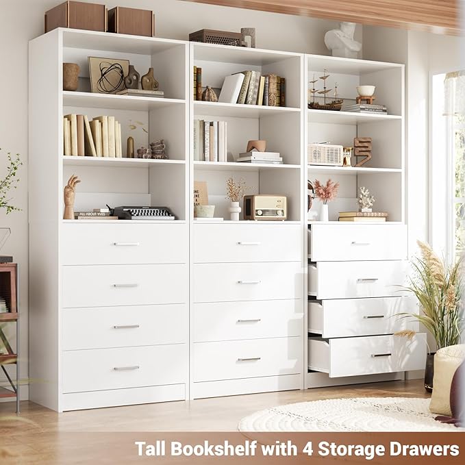 Aheaplus Closet Drawers Organizer System, 5.3FT Wood Closet System with 4 Drawers, Modular Walk-in Closets Storage Unit, Tall Bookshelf Storage Cabinet, White (3 Packs)