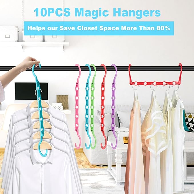 DUCOO 10 PCS Space Saving Hangers, 5-Hole Magic Hangers - Sturdy Plastic Hanger, Closet Organizers for Clothes Storage, College Dorm Essentials, Home Organization (Color)