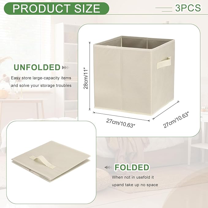 uxcell 3Pcs Fabric Storage Bins, 11 Inch Cube Storage Bin Foldable Storage Cube Organizer Bins with Handles for Shelf Closet, Nursery Home, Bedroom(Beige)
