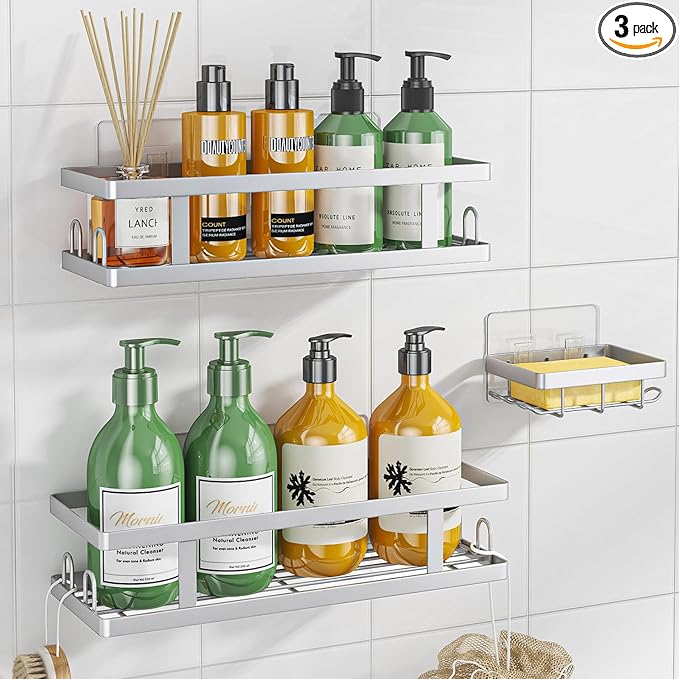 Adhesive Shower Caddy,Shower Shelves with Soap Holder and 12 Hooks,Rustproof No Drilling Bathroom Organizer and Storage,Silver,3 Pack