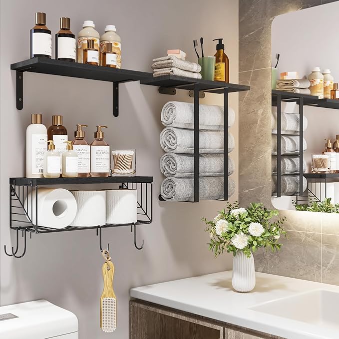 Fixwal Bathroom Floating Shelves Over Toilet Wall Shelves Set with Towel Storage Rack for Bathroom Organization & Wall Decor(Black)