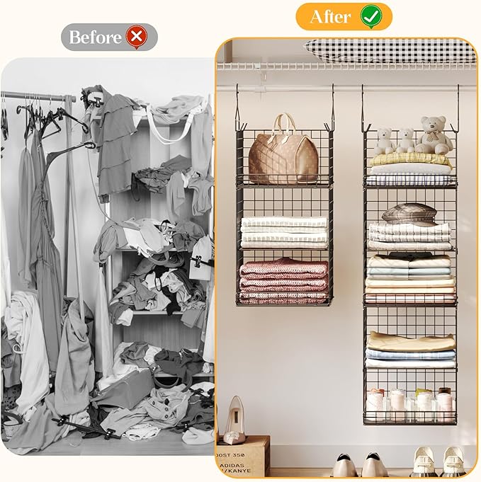 5 Tier Closet Hanging Organizer and Storage Separable Hanging Closet Shelves with 4 Hooks 2 Adjustable Dividers, Wire Storage Basket Bins for Clothing Sweaters Socks Dolls Handbags, Foldable
