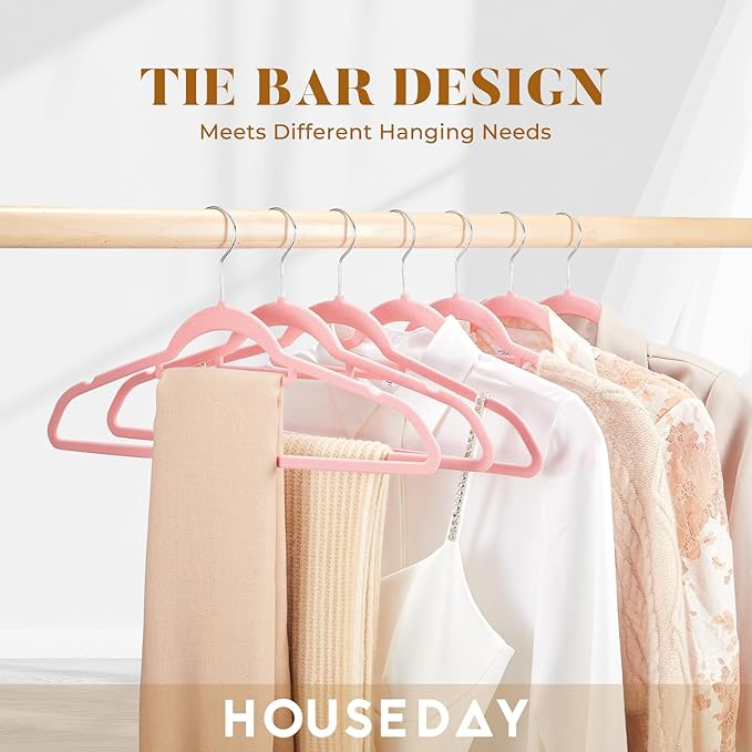 HOUSE DAY Velvet Hangers 60 Pack, Non-Slip Hangers with Tie Bar, Premium Standard Clothes Hanger Slim Felt Hanger 360° Swivel Hook for Closet Organized Storage Elegance Pink 72g/Pc