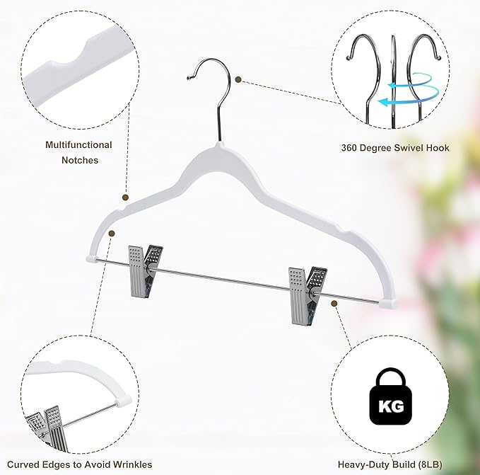 Quality Plastic Non Velvet Non-Flocked Thin Compact Coat Hangers with Metal Clips for Skirts Pants Blouses 360° Swivel Hook (White, 20)