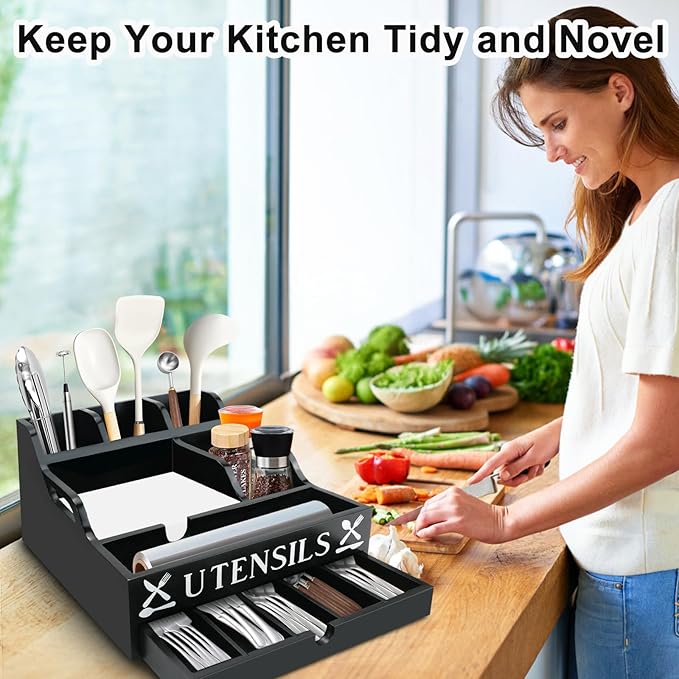 Kitchen Utensil Holder, Lagre Wooden Cooking Utensil Holder, Farmhouse Spatula Organizer, Countertop Utensil Crock for Forks Spoons Knives Kitchen Cooking Tools Storage with 11 Compartments(Black)