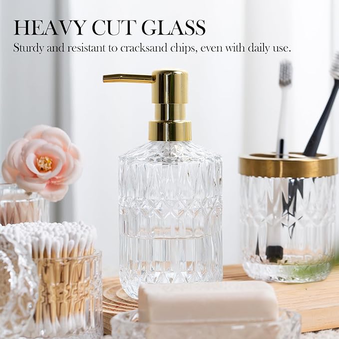 Bathroom Accessory Set 5 Pcs, Glass Bathroom Set Include Soap Dish, Toothbrush Holder, Mousewash Cup, Soap Dispenser, Cotton Swab Jar, Clear