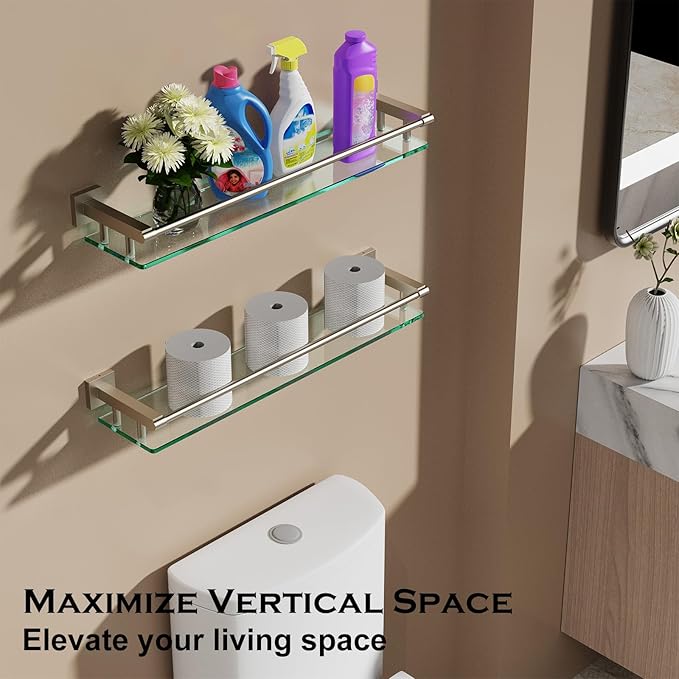 SFGSOWOR Glass Shelf for Bathroom Wall Sheves 24 inch Rectangular Stainless Steel Tempered Glass Modern Stainless Steel Wall Mount Accessories Organizers Storage (Brushed Nickel, 24‘’)