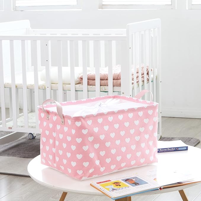 Hinwo Large Canvas Fabric Storage Basket with Handles, 33L/8.6-Gal Rectangle Bin, Collapsible Storage Box, Clothes, Toys, Blankets Organizer, 16.5 x 12 x 10 Inches (L, Pink Heart)