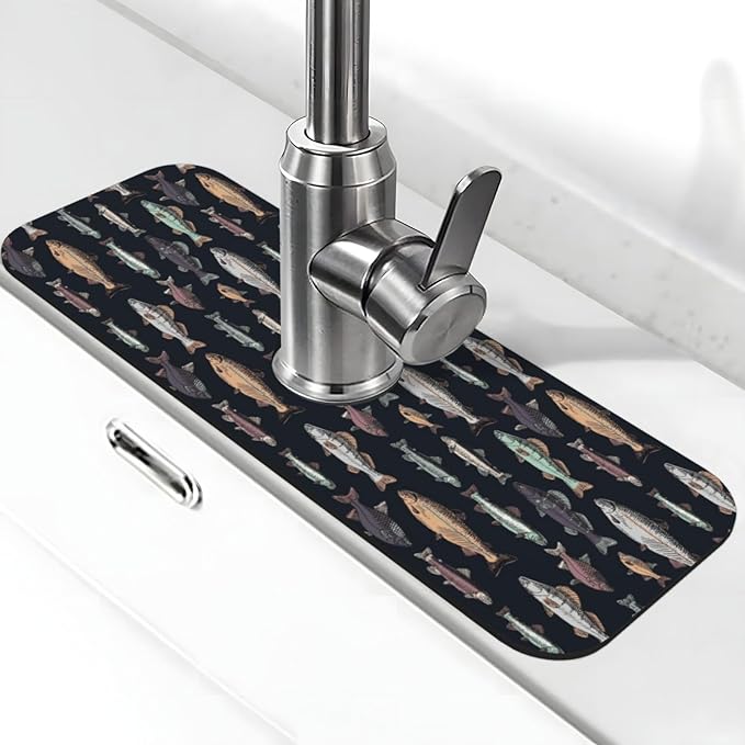 Vintage Fish Fishes Ocean Fishing Kitchen Sink Splash Guard Faucet Mat Super Absorbent Fast Drying Mat Sink Gadgets-Fast Drying Pad Sink Mat For Kitchen Bathroom (15" X 5.5" )