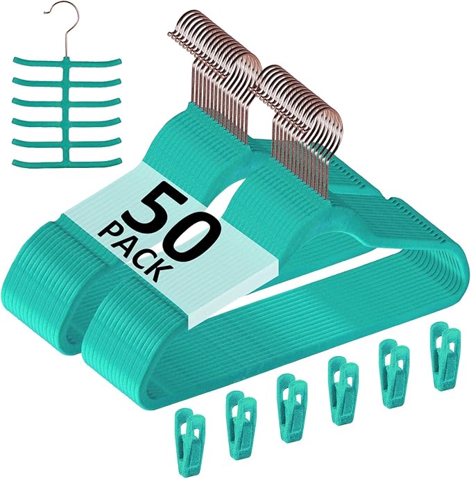 VECELO Premium Velvet Clothes Hangers Suit Heavy Duty (50 Pack)-Non Slip & Space-Saving with 6 Finger Clips & Tie Rack Excellent for Men and Women,Teal