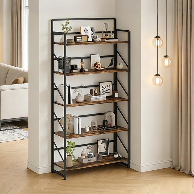 JSB Folding Bookshelf,Industrial Storage Shelves, No Assembly Vintage Wood Look Bookshelf with Storage Shelves for Living Room, Bedroom, Office (Fire Brown, Wide 5-Tier)