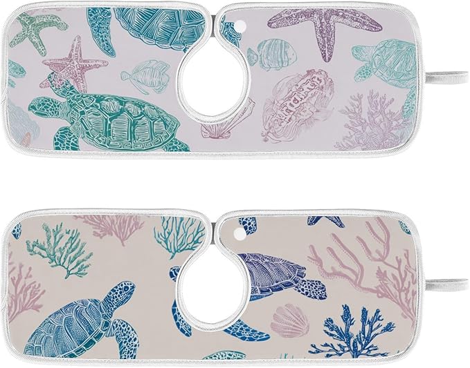 Sink Faucet Absorbing Mat Kitchen Sink Splash Guard Splash Faucet Drip Catcher for Bar RV Bathroom 2PCS 23.6x5.5in Line Turtles Starfish and Coral