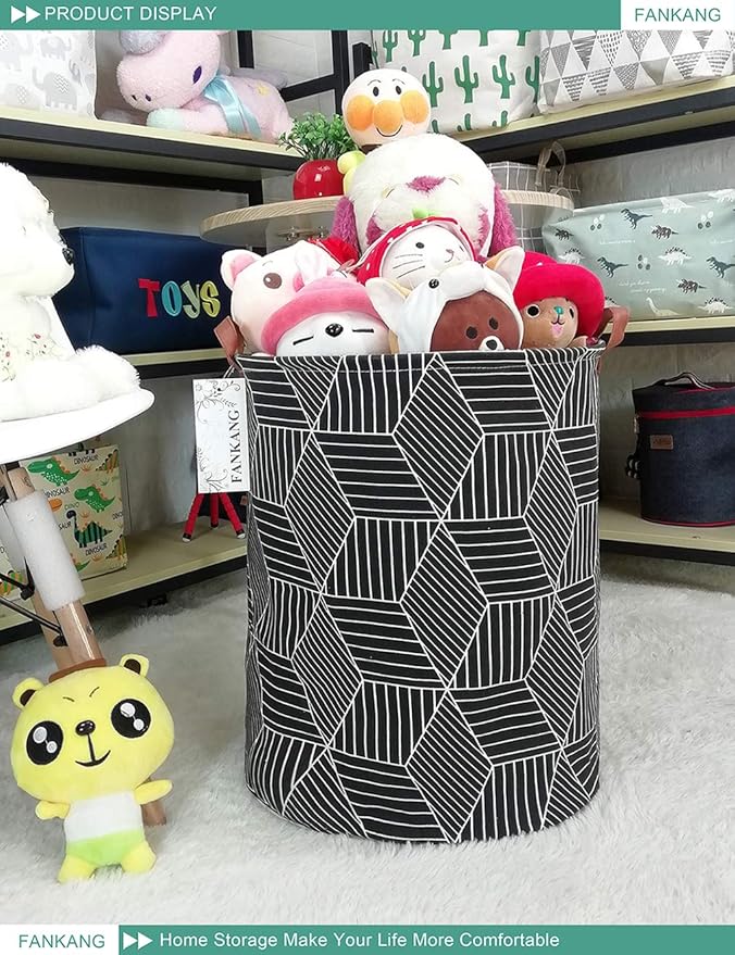 FANKANG Storage Basket, Nursery Hamper Canvas Laundry Basket Foldable with Waterproof PE Coating Large Storage Baskets for Kids Boys and Girls, Office, Bedroom, Clothes,Toys（Black Magic cube）