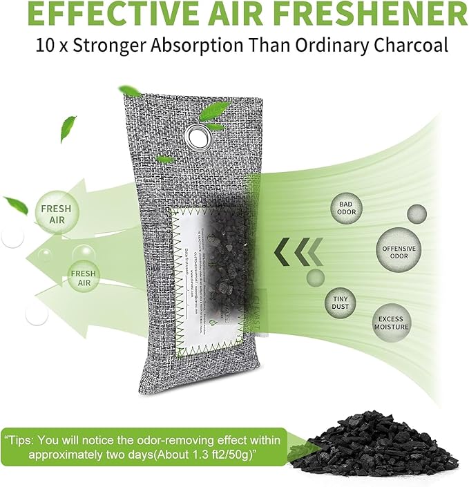 CLEVAST Activated Bamboo Charcoal Odor Absorber - 6 x 60g Air Purifying Bags Natural Fresh, Deodorizer and Moisture Eliminator for Home, Closet, Shoes, Car Air freshener Grey
