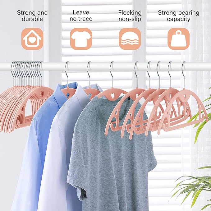 IEOKE Velvet Hangers 50 Pack: Felt Clothes Hangers Heavy Duty Shirt Sweater Hangers No Shoulder Bump Non Slip Slim Thin Coat Hangers for Closet - Pink