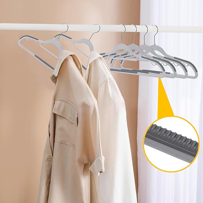 Quality Clothes Hangers 50 Pack - Non-Velvet Plastic Hangers for Clothes - Heavy Duty Coat Hanger Set - Space-Saving Closet Hangers with Gray Swivel Hooks - Functional Non-Flocked