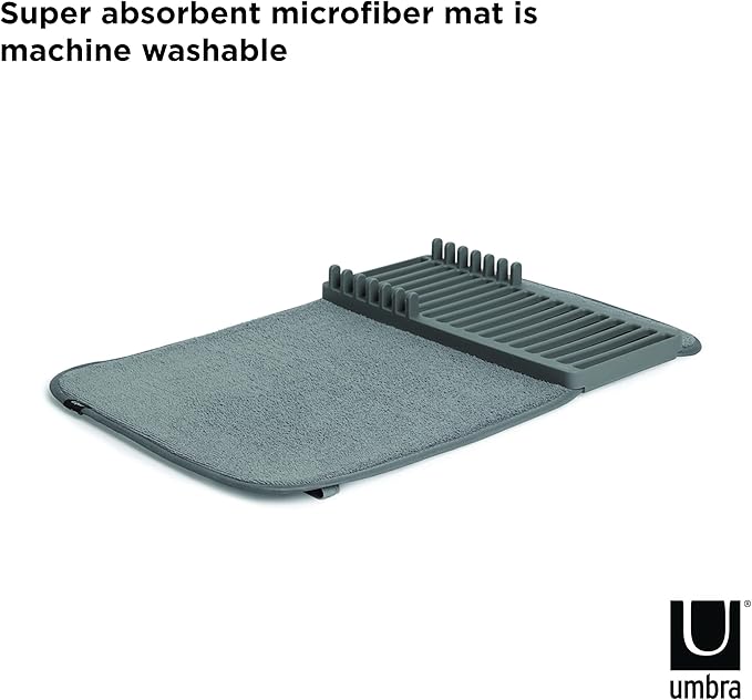Umbra UDRY Rack and Microfiber Dish Drying Mat-Space-Saving Lightweight Design Folds Up for Easy Storage, Mini, Charcoal