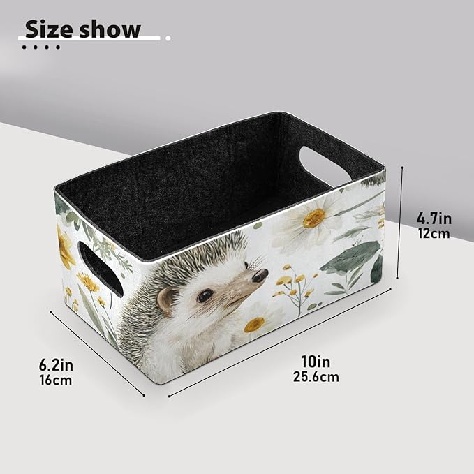 Closet Storage Bins 2 Pcs Felt Open Home Storage Containers Organizer with Handles Collapsible Shelf Basket for Home Office Craft Room Classroom Fabric Hedgehogs Flowers Purple