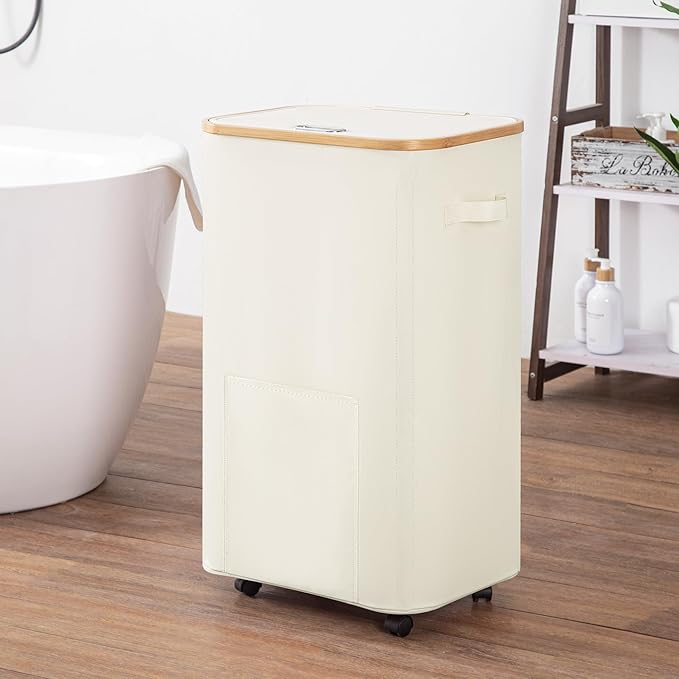 Laundry Basket with Wheels, Tall Dirty Clothes Hamper on Wheels, Rolling Laundry Hamper with lid for Dorm, Bedroom and Bathroom (Beige, 100L)
