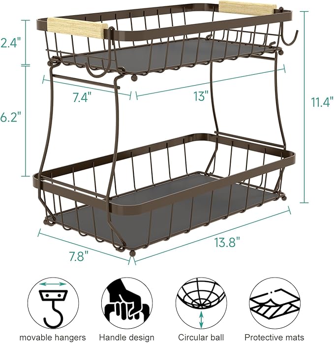 2 Tier Large Fruit Basket for Kitchen Counter with 2 Mobile Banana Hangers, 2026 Pro Detachable Metal Fruit Bowl with Wooden Handle (Brown, 2 Tier)