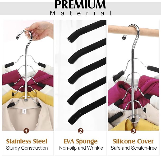 Ripeng 12 Pcs Multi Layer Clothes Hangers 5 in 1 Sweater Shirt Hanger for Shirts Space Saving Anti Slip Metal Heavy Duty Stainless Steel Blouse Tree Hangers for Closet Organizer and Storage, Black