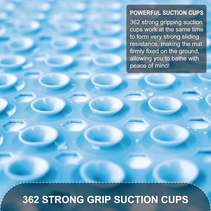 Bath Tub Shower Mat, Non Slip Bathtub Floor Liner Mats with Suction Cups and Drain Holes, Machine Washable Bathmat for Bathroom Floor Safety, 40 x 16 Inch, Sky Blue