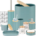 IMAVO Bathroom Accessory Set-11Pcs Blue Bathroom Accessories Set with Trash Can,Soap Dispenser,Soap Dish,Toothbrush Holder,Toothbrush Cup,Toilet Brush Holder,Qtip Holder Dispenser with Labels
