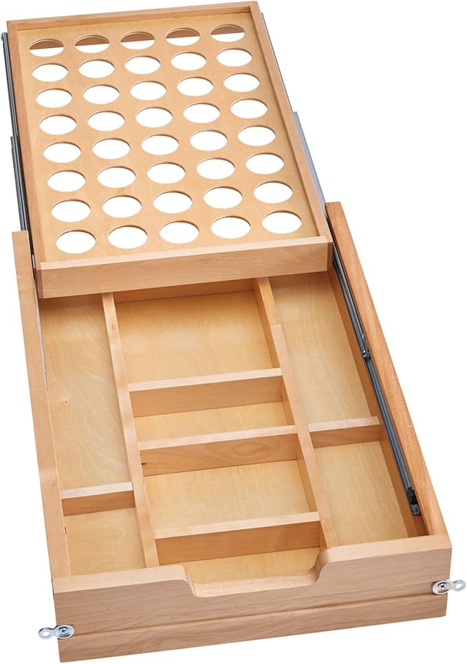 Rev-A-Shelf 15 Inch 2 Tiered Cutlery and Utensil Pullout Drawer Organizer with KCUP Tray and Soft-Close Slides, 4WTCD-18HSC-KCUP-1