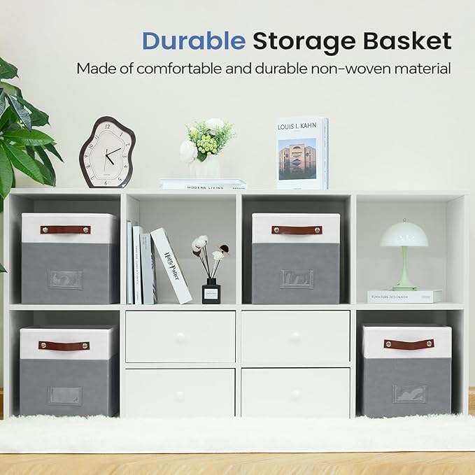 6-Pack Storage Cubes with Handles & Label Holders Basket, Closet Cube Home Organizer Bins(White/Dark Grey, 10.5*10.5*11 inch)