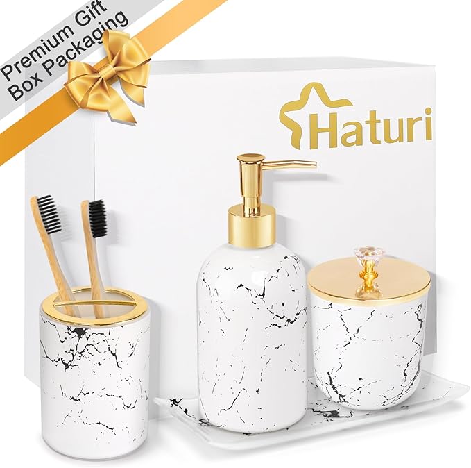 Haturi Glass Bathroom Accessories Set – 4-Piece Marble-Style White and Gold Bathroom Set with Soap Dispenser, Toothbrush Holder, Jar with Lid – Elegant Glass Design for Modern Vanity Décor