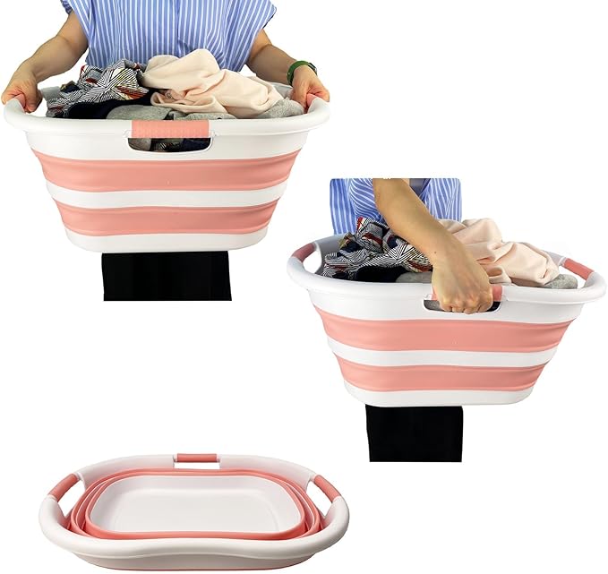 SAMMART 40L (10.5 gallon) Set of 2 Collapsible Plastic Laundry Hamper - Foldable Pop Up Storage Container/Organizer - Portable Washing Tub - Space Saving Basket (2, White/Quartz Pink)