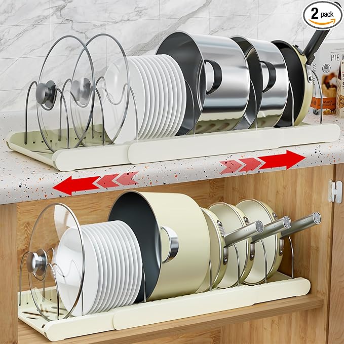 2 Pack Pots and Pans Organizer Under Cabinet - Expandable Pot Lid Holder with Adjustable Dividers, Baking Tray & Pan Storage Rack for Kitchen Cabinets