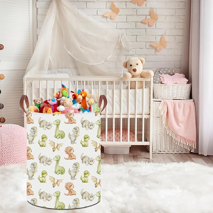 19.7" Laundry Basket,Dirty Clothes Hamper,Waterproof Storage Bin,Room Decor,Gift Baskets,Nursery Hamper(Watercolor Dinosaur)